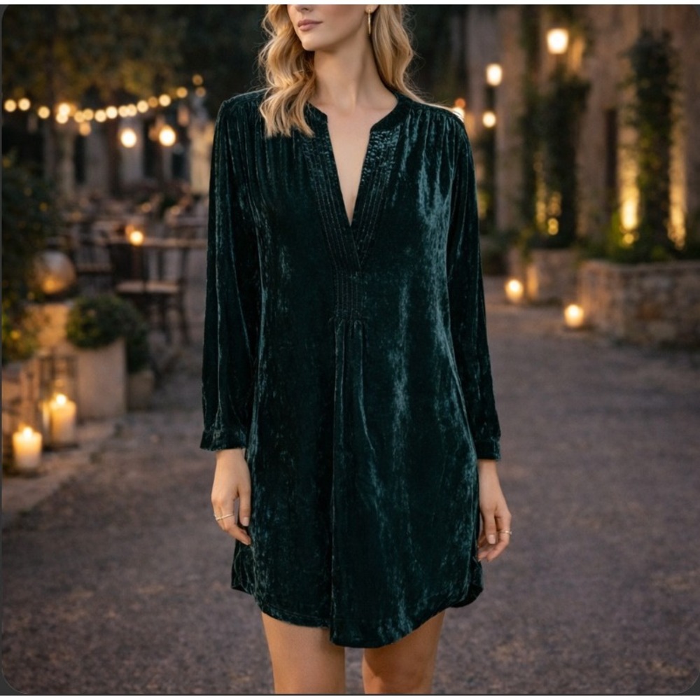 Anthropologie Melody Crushed Velvet Tunic Dress XS Emerald Green V-Neck Pleated